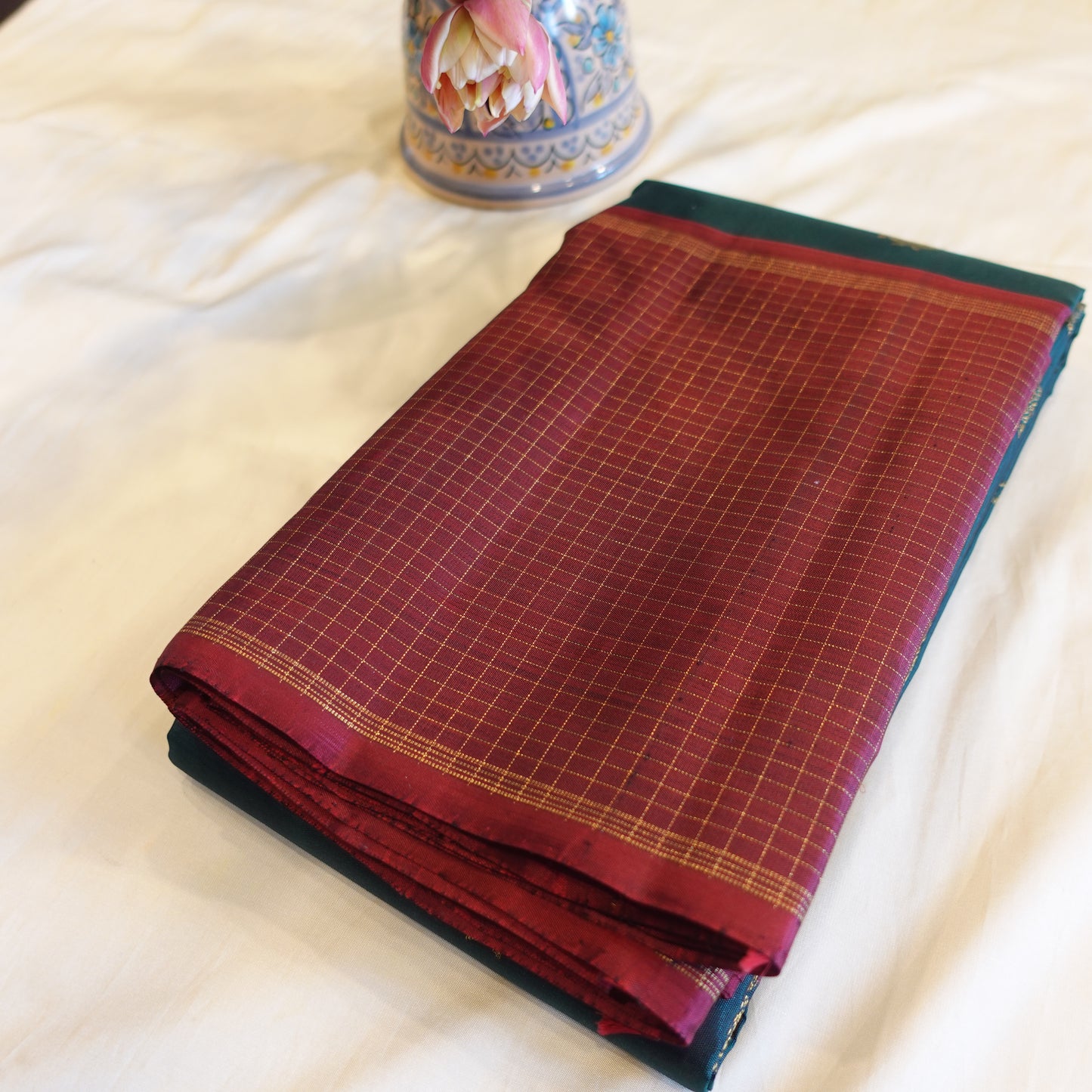TIDEWATER | Teal Pure Silk Korvai Kanjeevaram with Burgundy Border