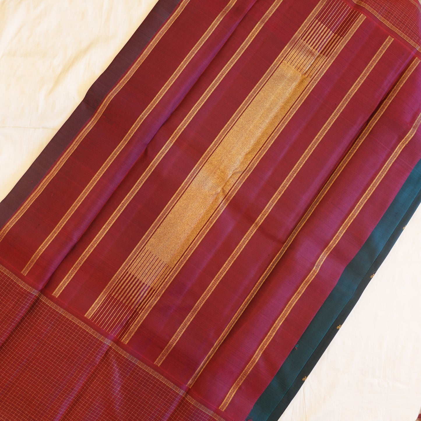 TIDEWATER | Teal Pure Silk Korvai Kanjeevaram with Burgundy Border
