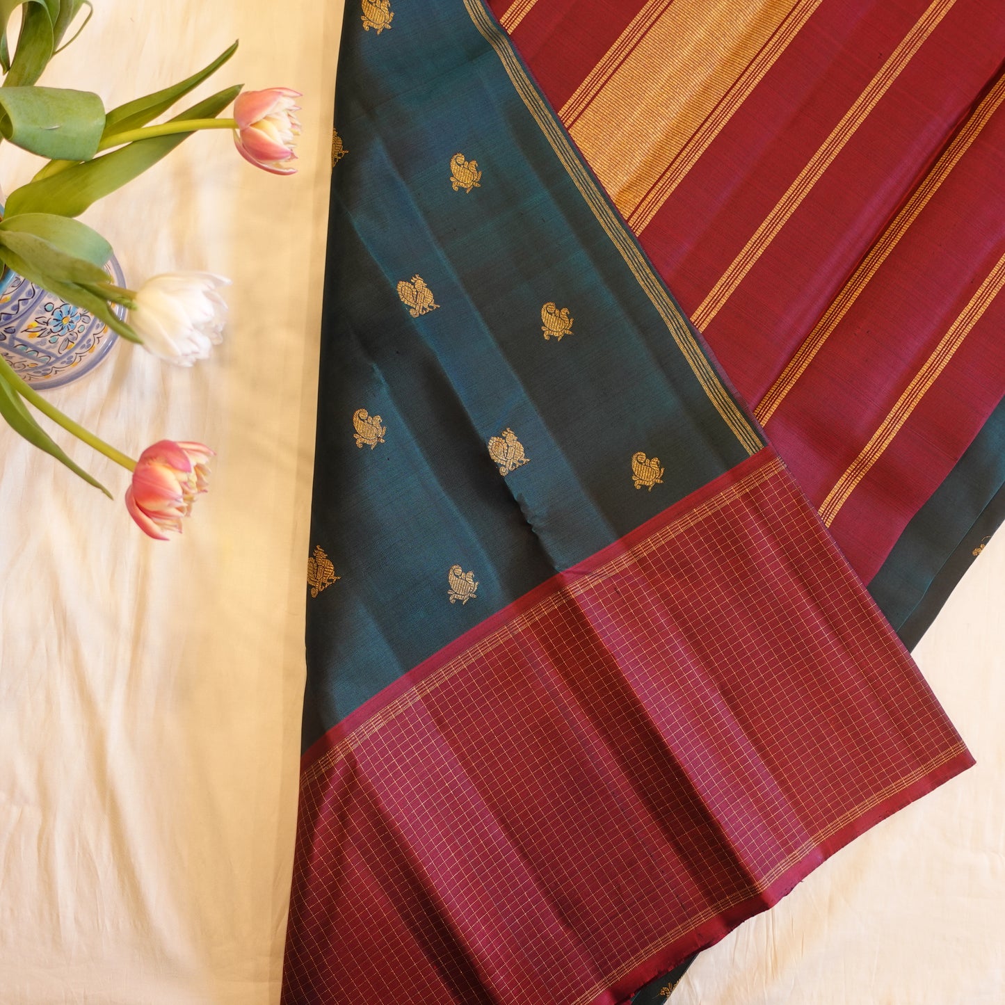 TIDEWATER | Teal Pure Silk Korvai Kanjeevaram with Burgundy Border