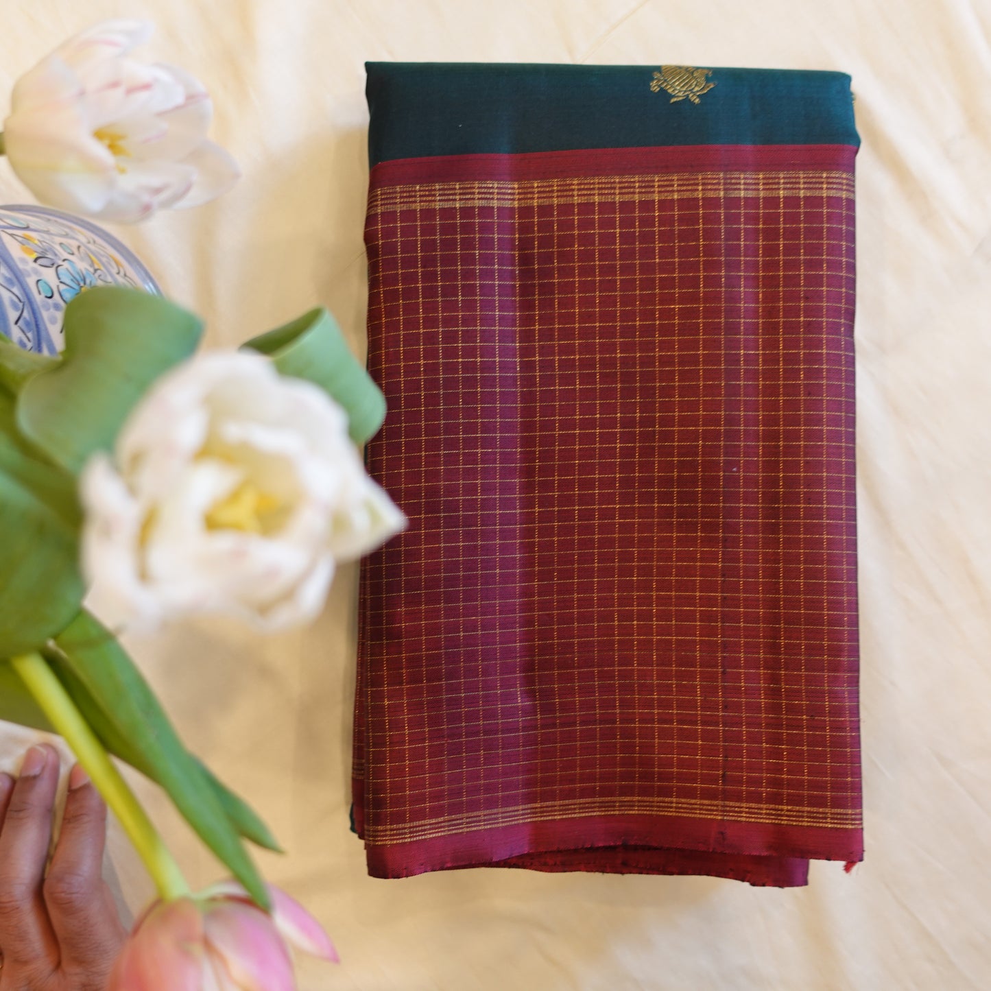 TIDEWATER | Teal Pure Silk Korvai Kanjeevaram with Burgundy Border