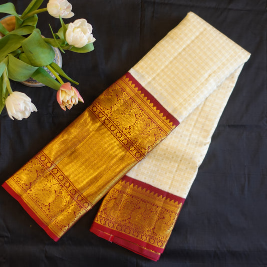 SHUBH | Ivory Pure Silk Korvai Kanjeevaram Saree with Deep Maroon Border