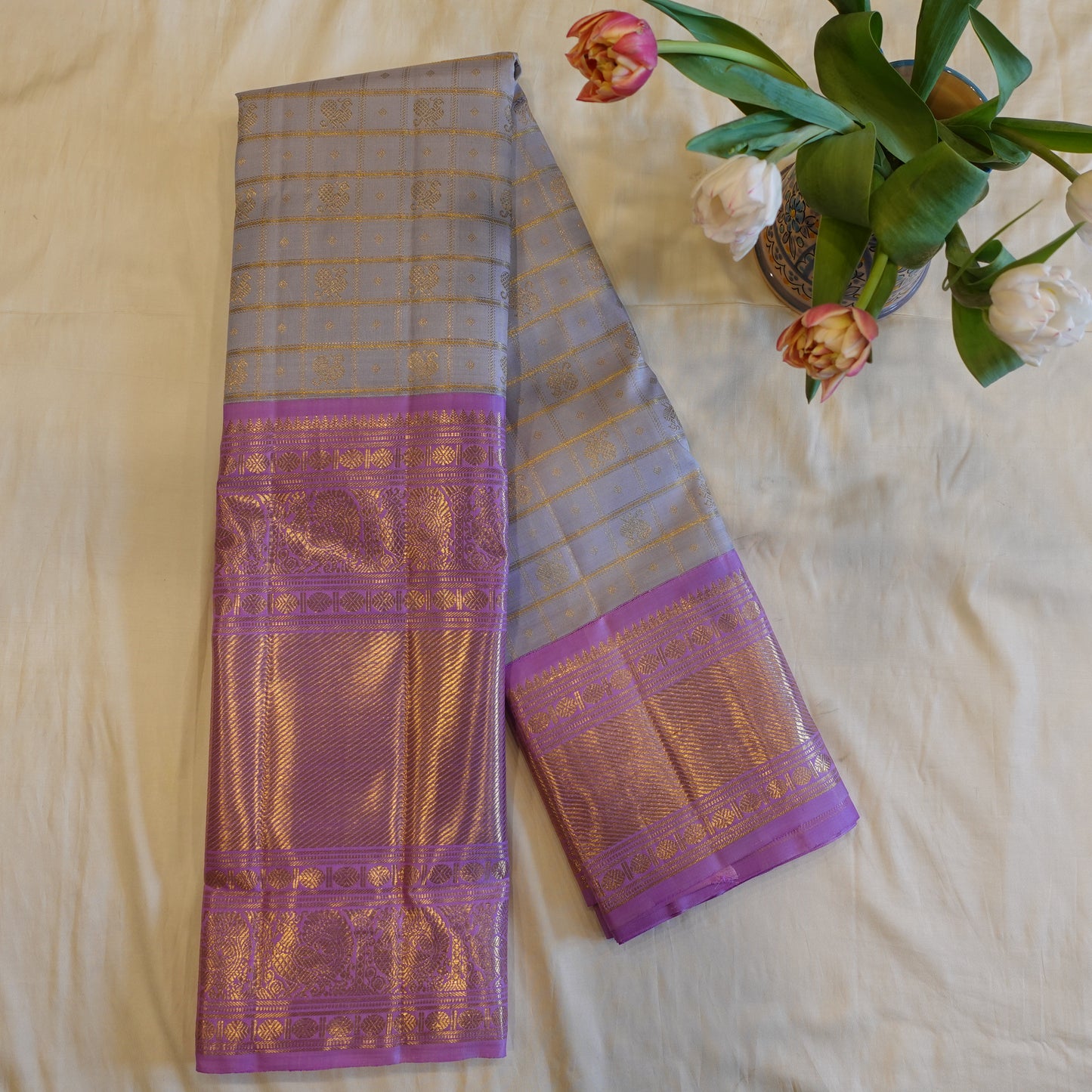 TEA ROSE | Grey Pure Silk Korvai Kanjeevaram Saree with Lavender Border