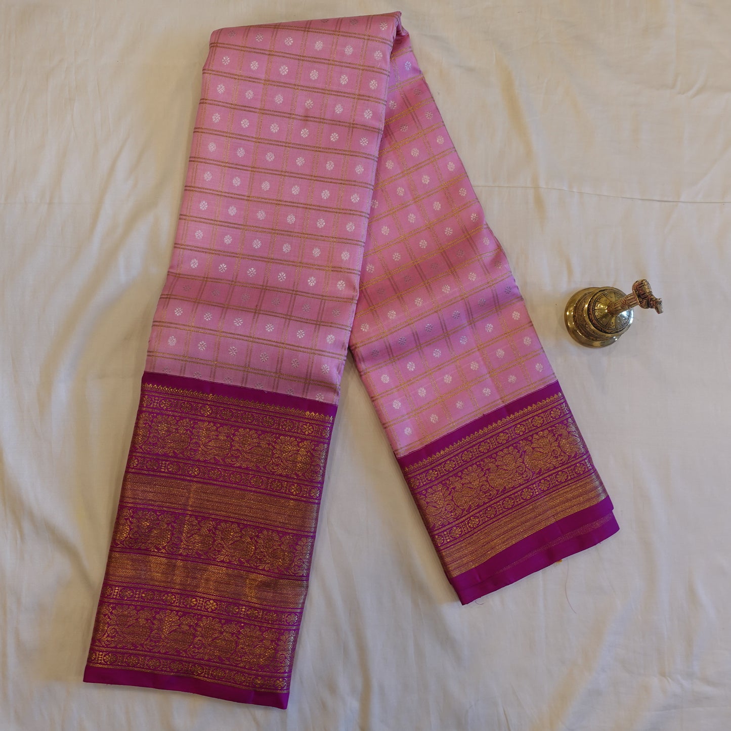 BAGEECHA | Baby Pink Korvai Pure Silk Kanjeevaram Saree with Bright Magenta Border