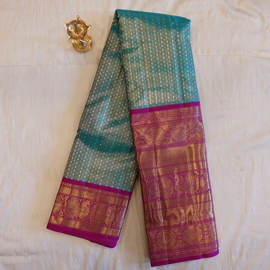 SEA SALT | Turquoise Blue Pure Silk Tissue Korvai Kanjeevaram Saree with Magenta Border