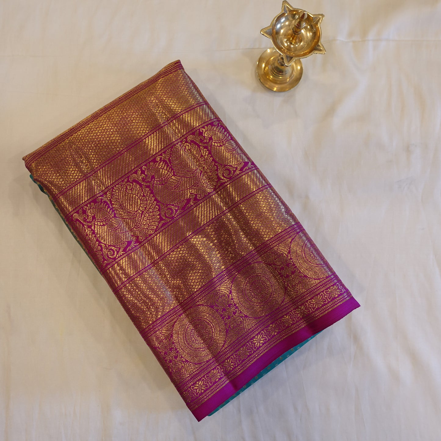 SEA SALT | Turquoise Blue Pure Silk Tissue Korvai Kanjeevaram Saree with Magenta Border