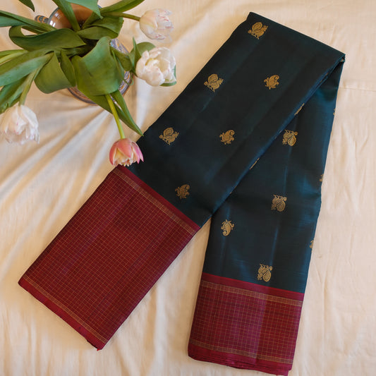 TIDEWATER | Teal Pure Silk Korvai Kanjeevaram with Burgundy Border