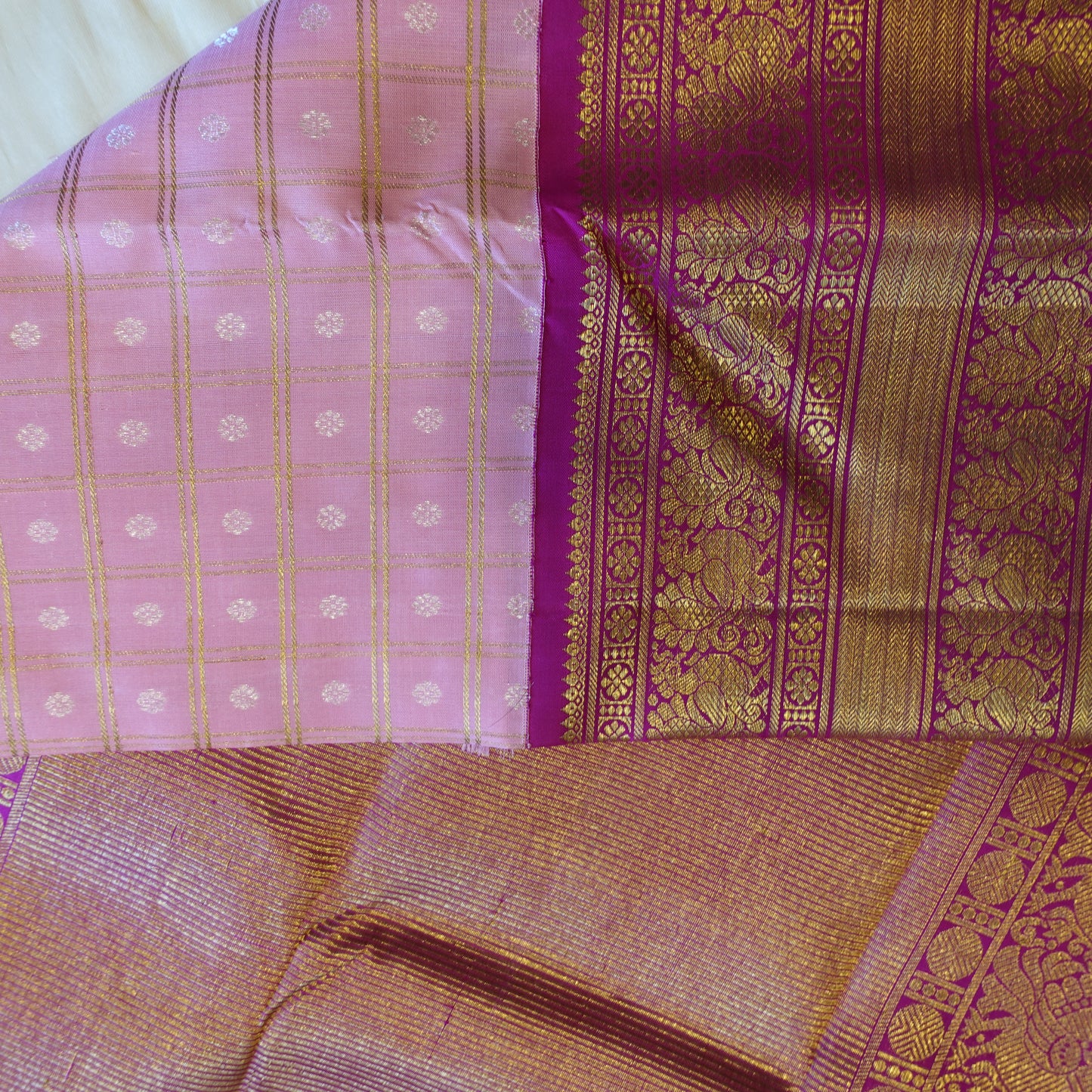 BAGEECHA | Baby Pink Korvai Pure Silk Kanjeevaram Saree with Bright Magenta Border