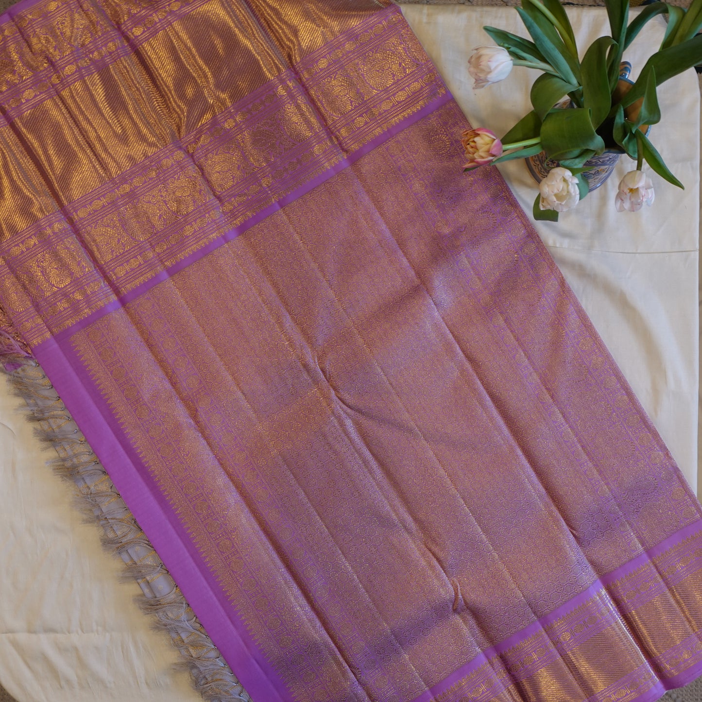 TEA ROSE | Grey Pure Silk Korvai Kanjeevaram Saree with Lavender Border