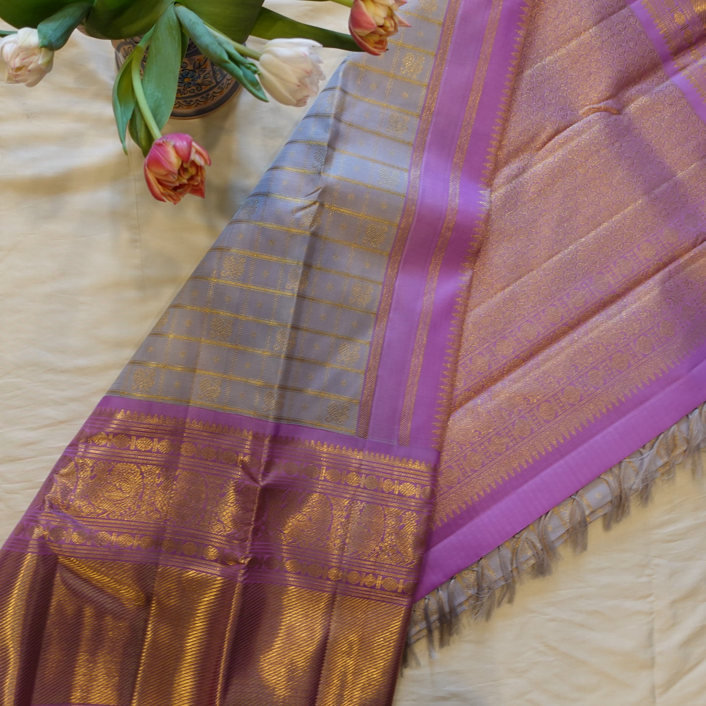 TEA ROSE | Grey Pure Silk Korvai Kanjeevaram Saree with Lavender Border