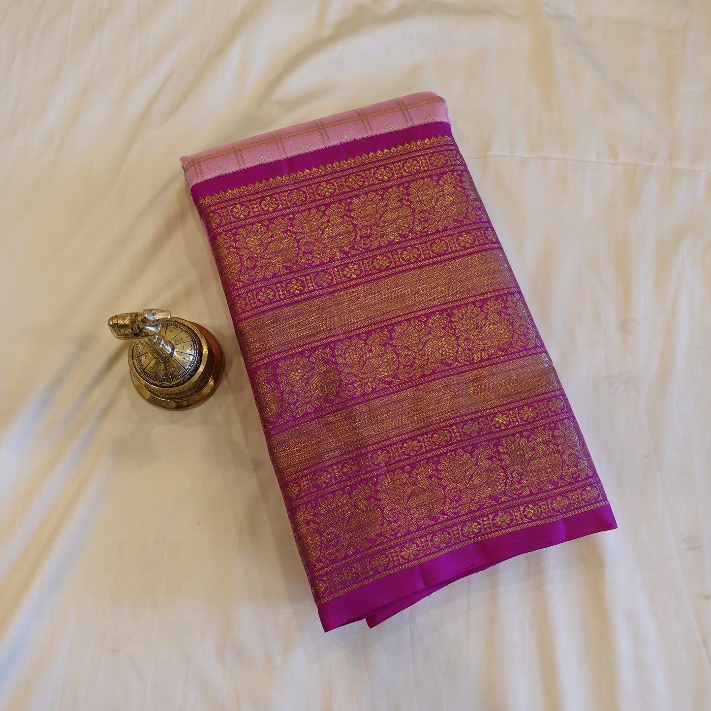 BAGEECHA | Baby Pink Korvai Pure Silk Kanjeevaram Saree with Bright Magenta Border