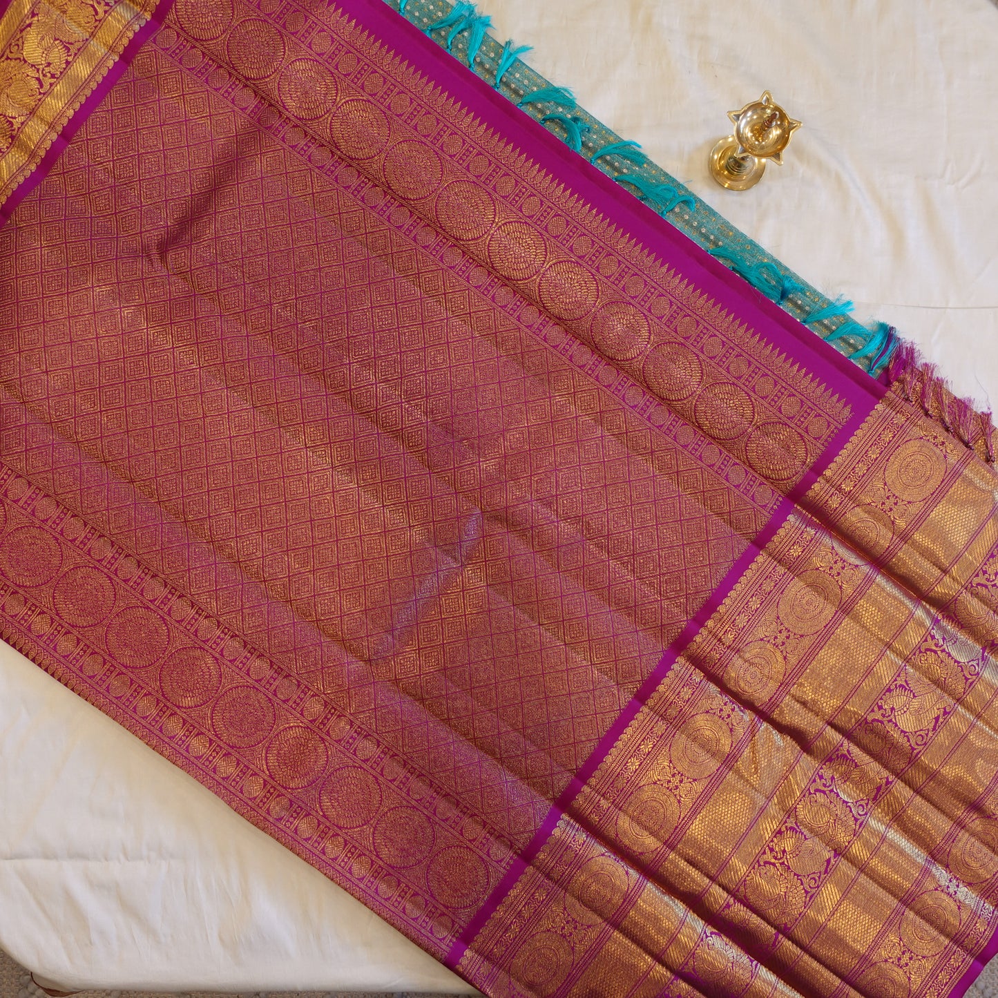 SEA SALT | Turquoise Blue Pure Silk Tissue Korvai Kanjeevaram Saree with Magenta Border