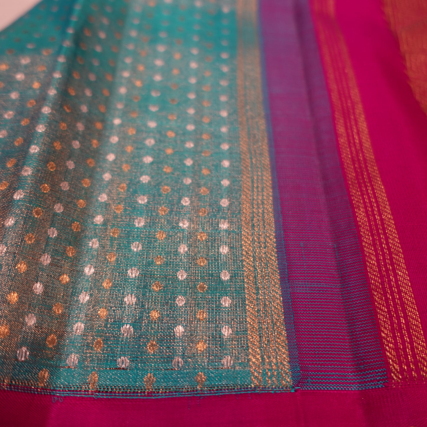 SEA SALT | Turquoise Blue Pure Silk Tissue Korvai Kanjeevaram Saree with Magenta Border