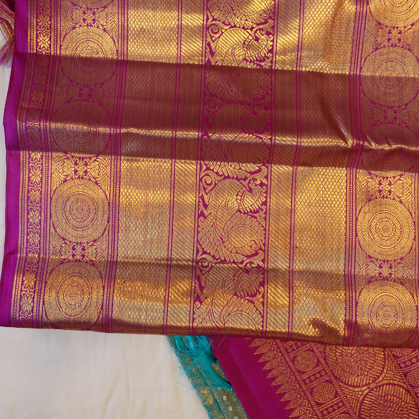 SEA SALT | Turquoise Blue Pure Silk Tissue Korvai Kanjeevaram Saree with Magenta Border