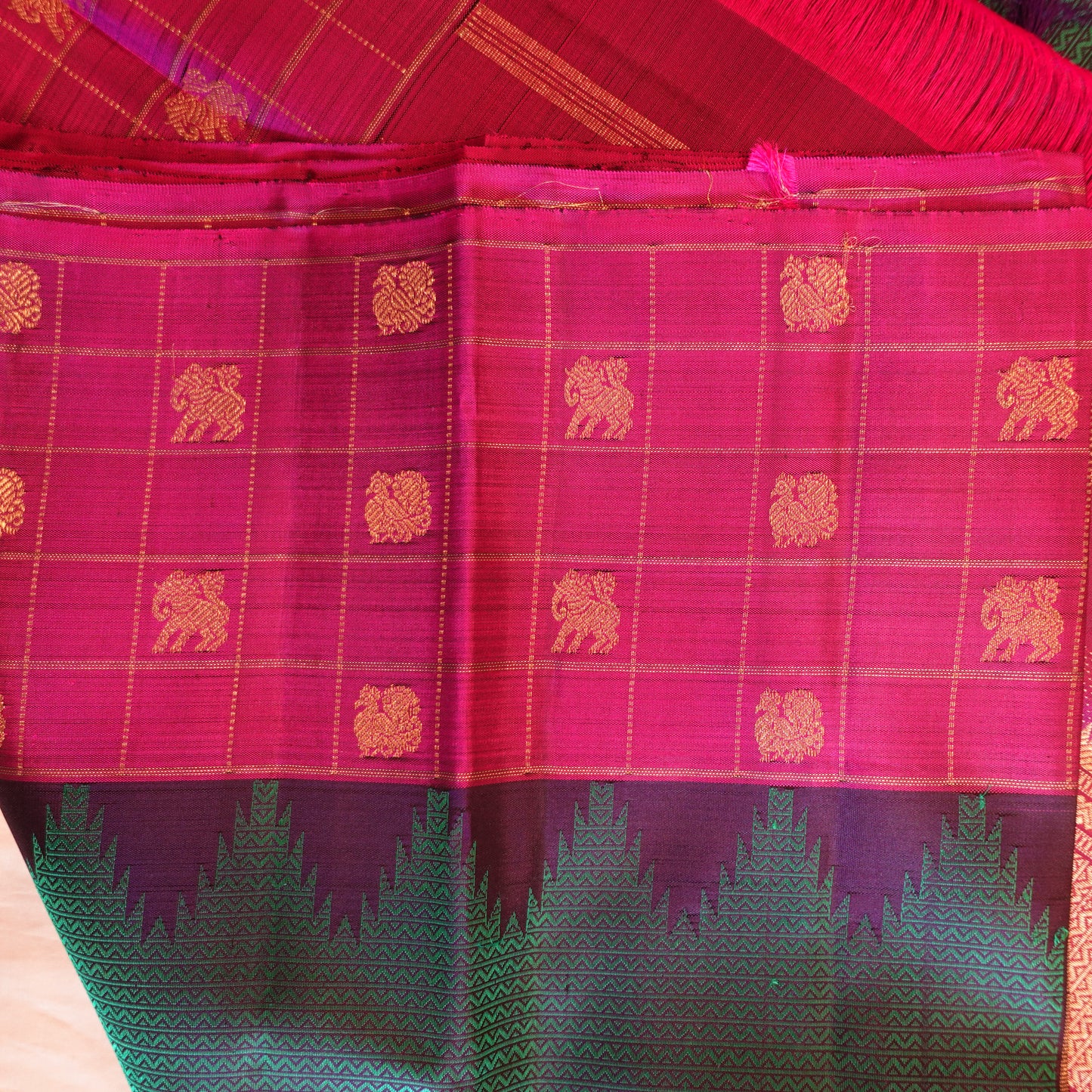 VAADIYAAN | Green Pure Silk Korvai Kanjeevaram Saree with Bright Magenta Border