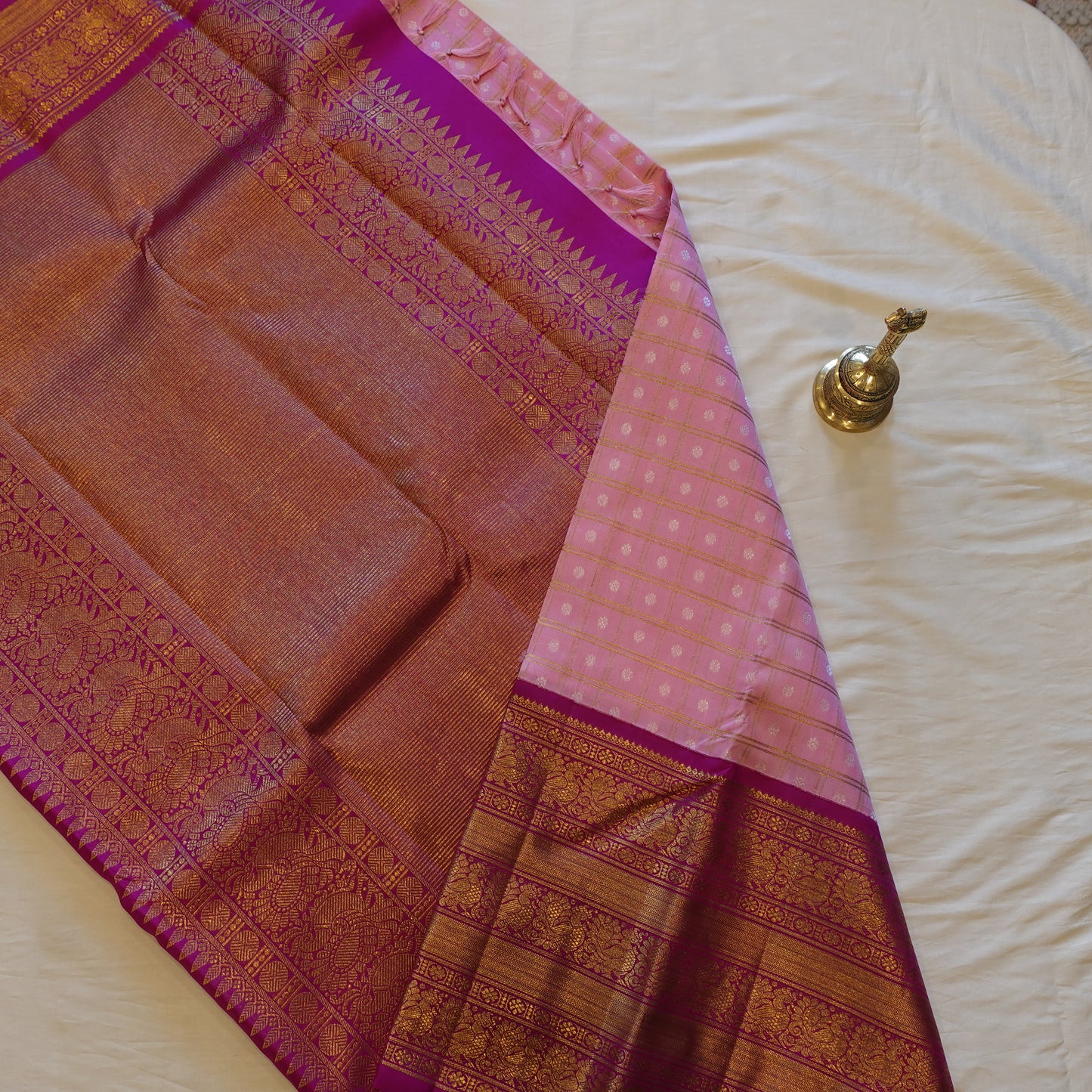 BAGEECHA | Baby Pink Korvai Pure Silk Kanjeevaram Saree with Bright Magenta Border