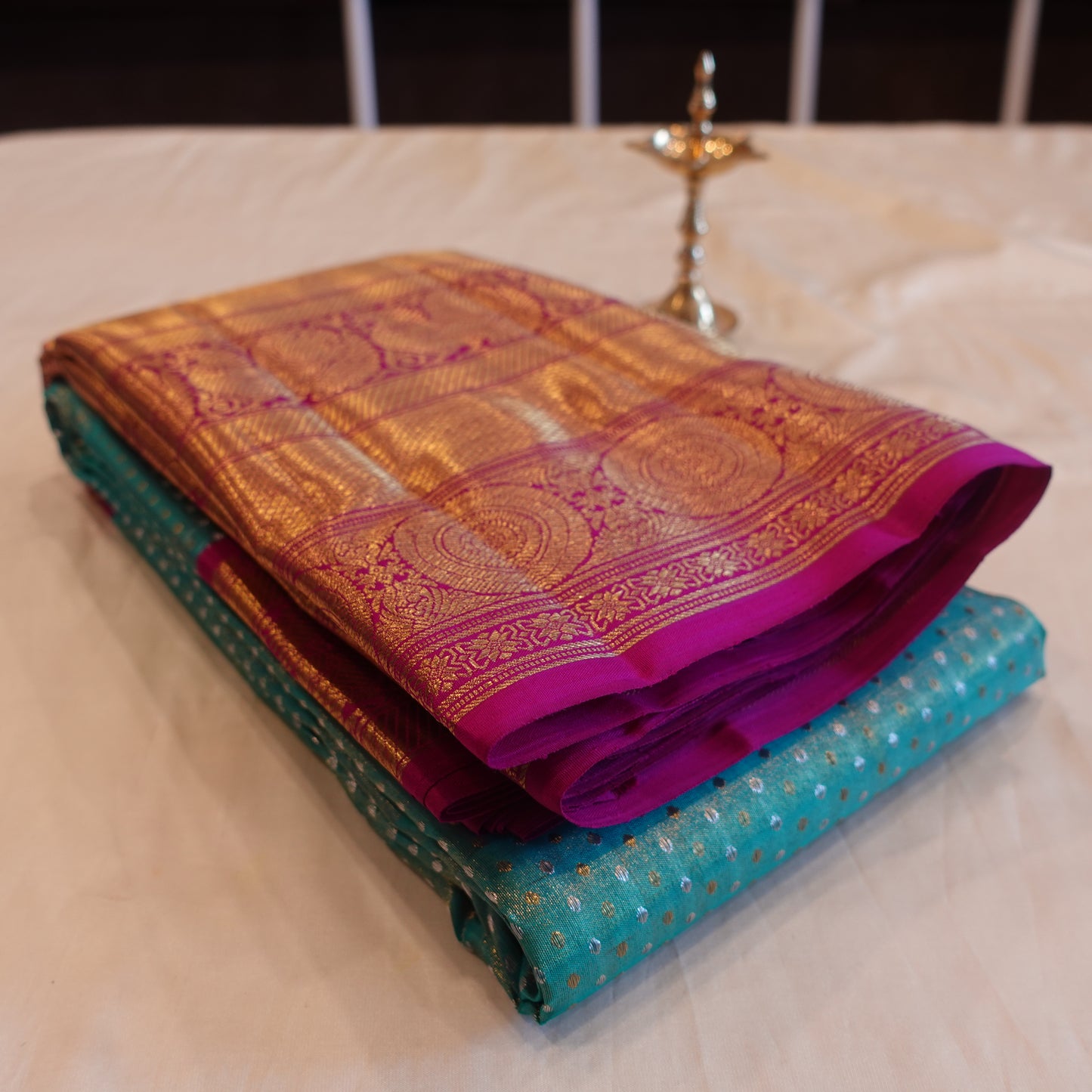 SEA SALT | Turquoise Blue Pure Silk Tissue Korvai Kanjeevaram Saree with Magenta Border