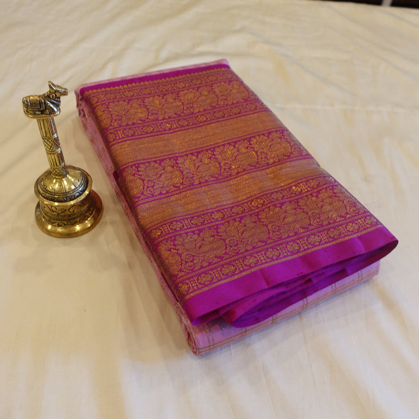 BAGEECHA | Baby Pink Korvai Pure Silk Kanjeevaram Saree with Bright Magenta Border