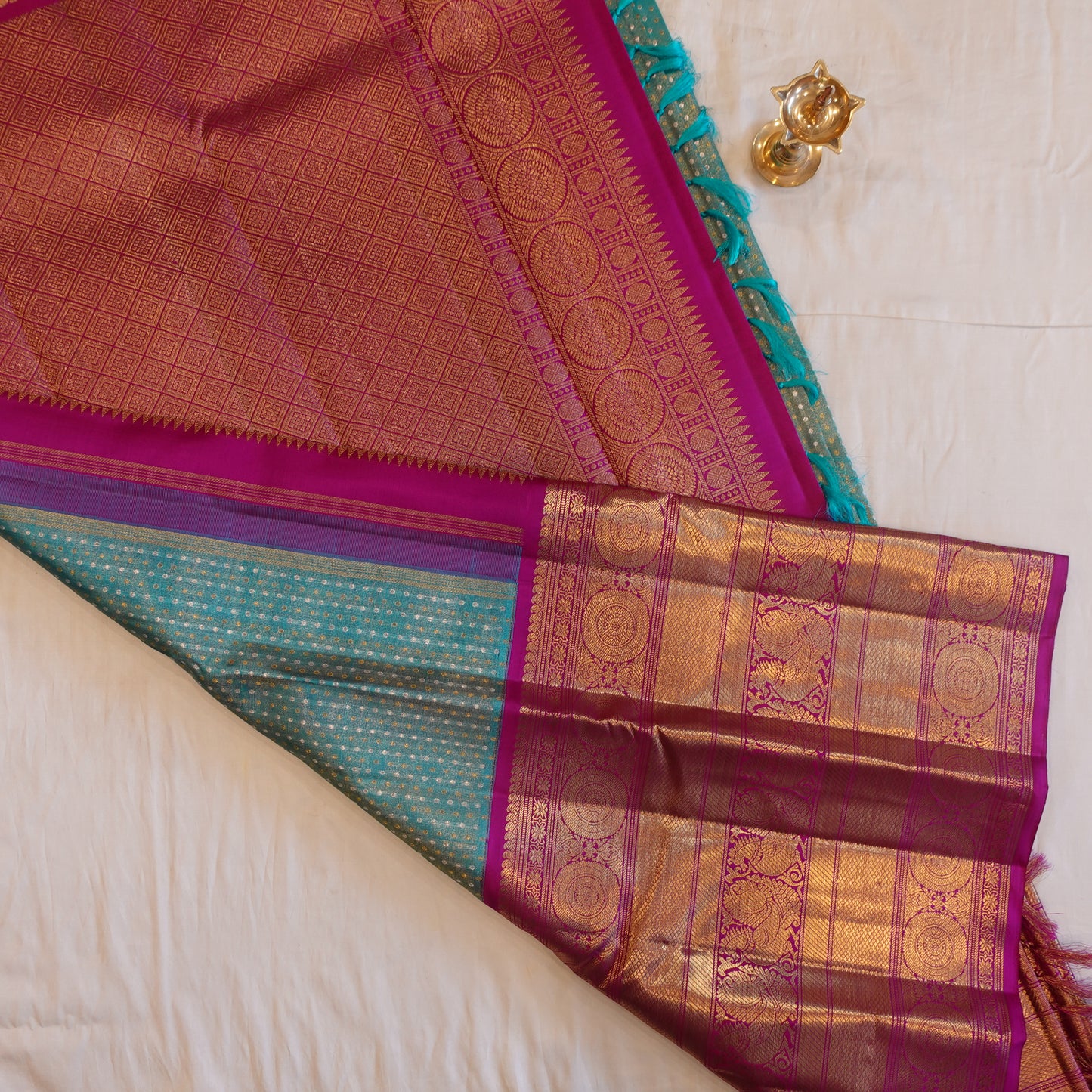 SEA SALT | Turquoise Blue Pure Silk Tissue Korvai Kanjeevaram Saree with Magenta Border