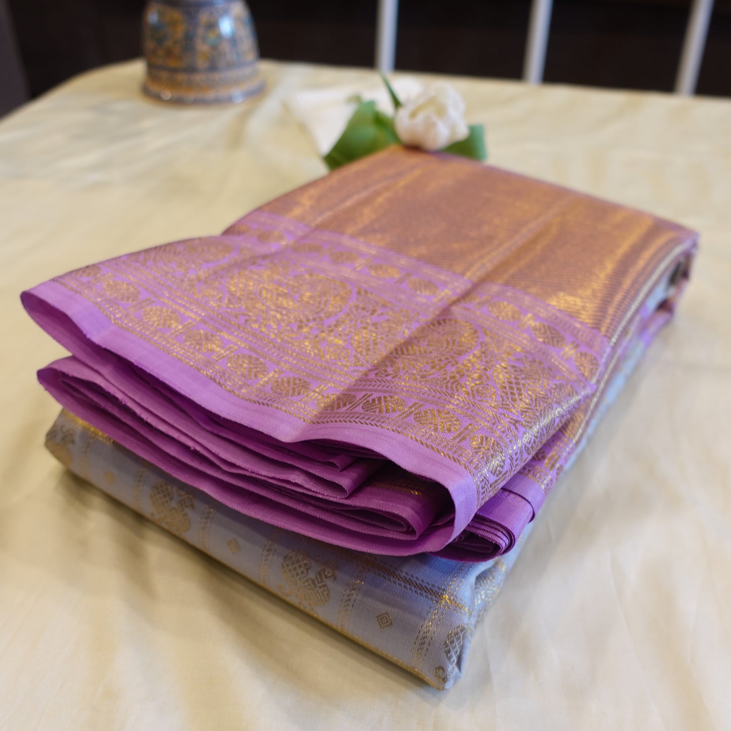 TEA ROSE | Grey Pure Silk Korvai Kanjeevaram Saree with Lavender Border