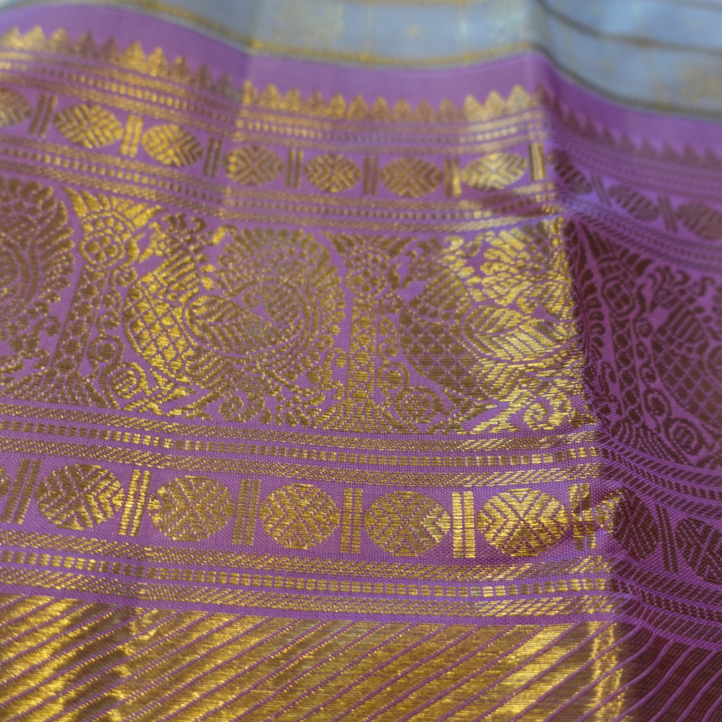 TEA ROSE | Grey Pure Silk Korvai Kanjeevaram Saree with Lavender Border