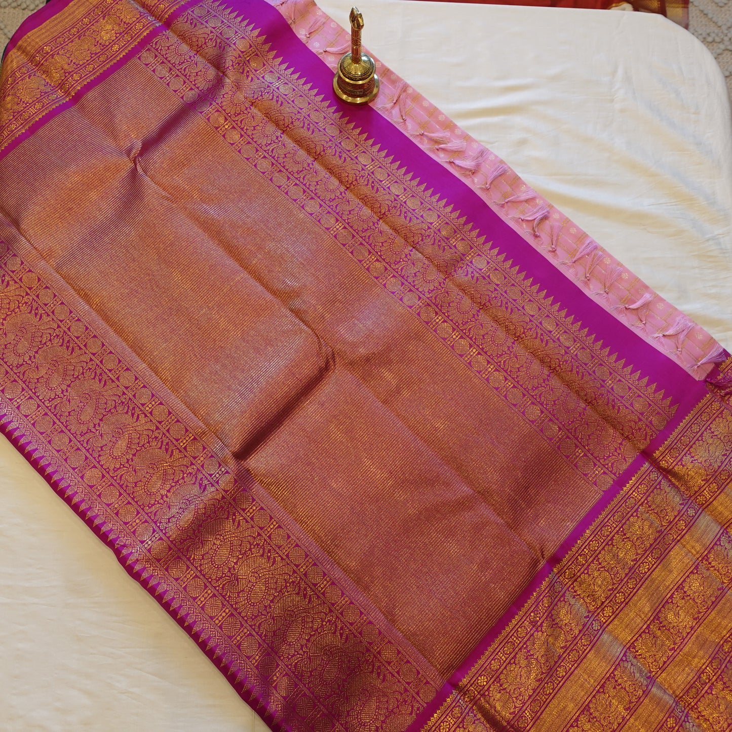 BAGEECHA | Baby Pink Korvai Pure Silk Kanjeevaram Saree with Bright Magenta Border