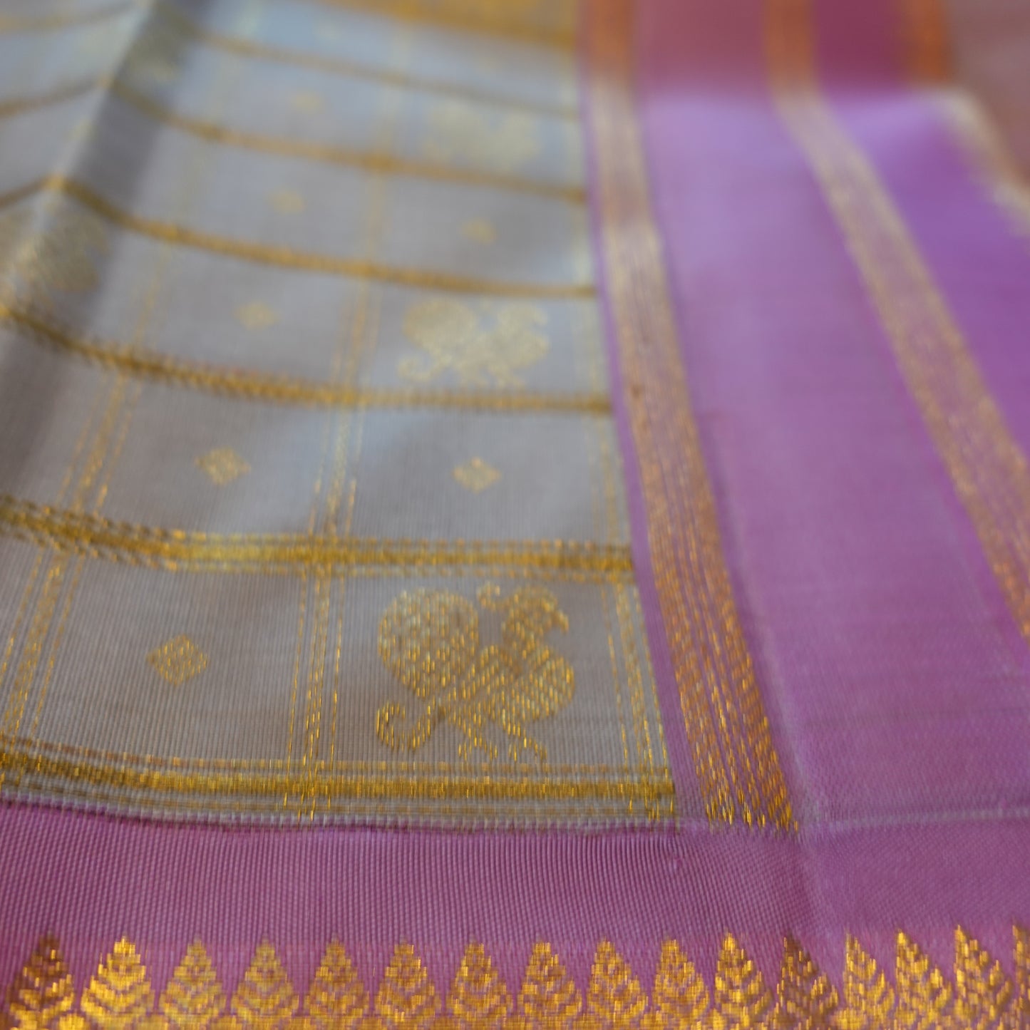 TEA ROSE | Grey Pure Silk Korvai Kanjeevaram Saree with Lavender Border